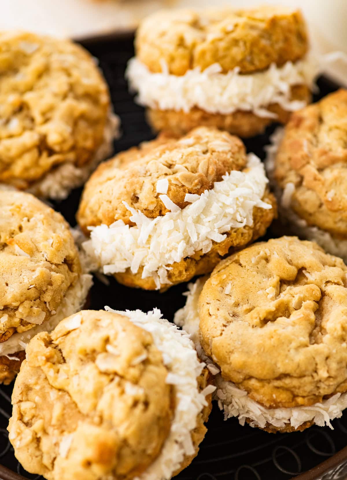 close up of coconut oatmeal cream pies.