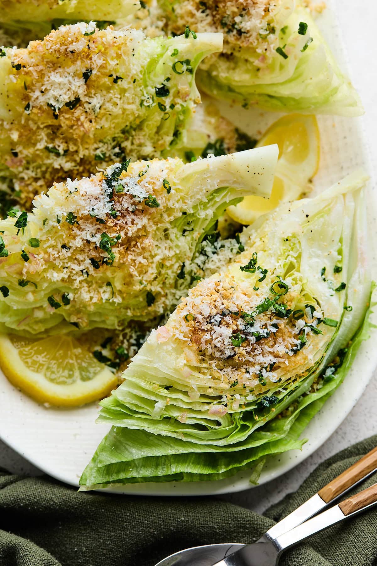 close up of lemon parmesan wedge salad.
