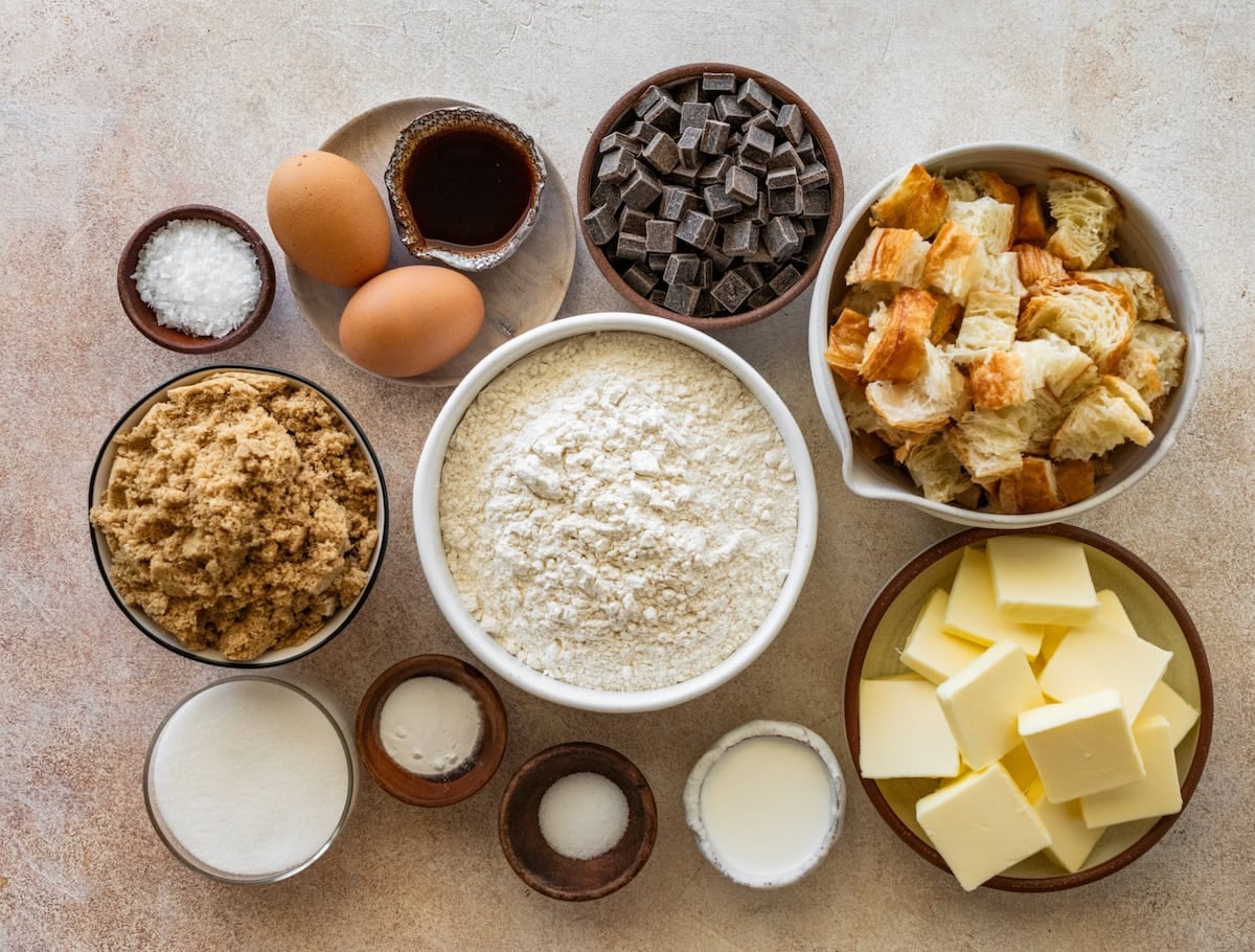 ingredients in bowls to make chocolate croissant cookies.
