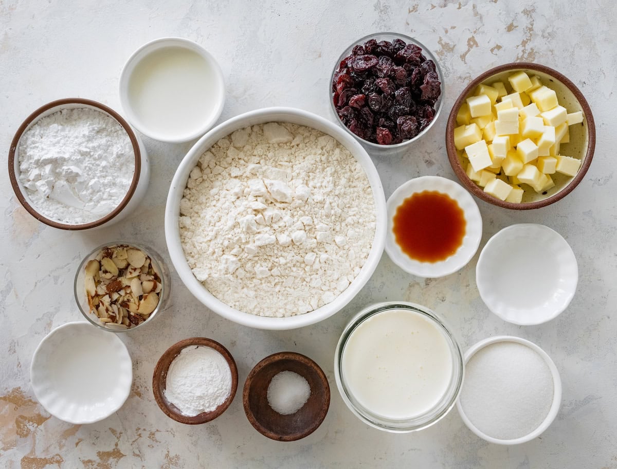 ingredients in bowls to make cherry almond scones.