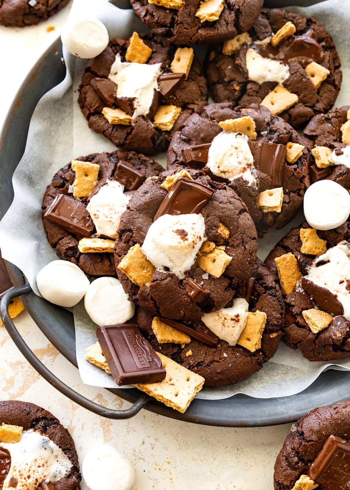 chocolate s'mores cookies with gooey marshmallows, melty chocolate, and graham cracker pieces.