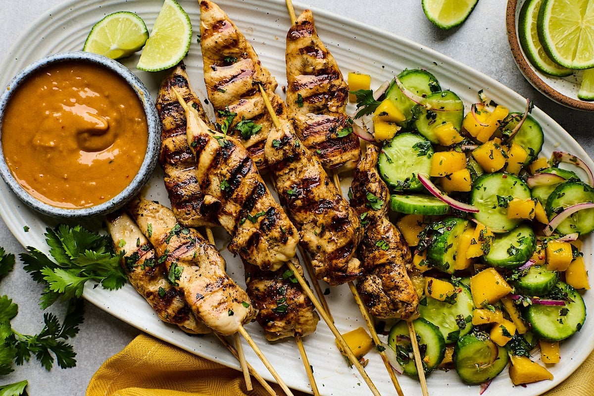 Chicken Satay with Peanut Sauce and Fresh Cucumber Mango Salad