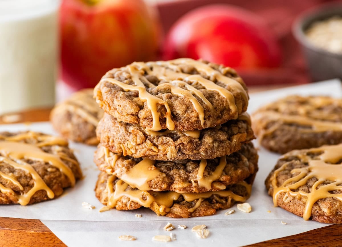stack of apple oatmeal cookies with salted caramel glaze.