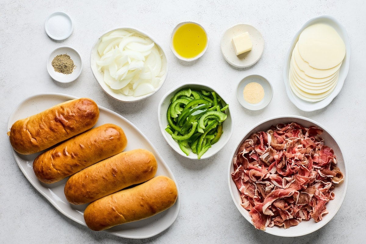 ingredients to make Philly cheesesteaks.