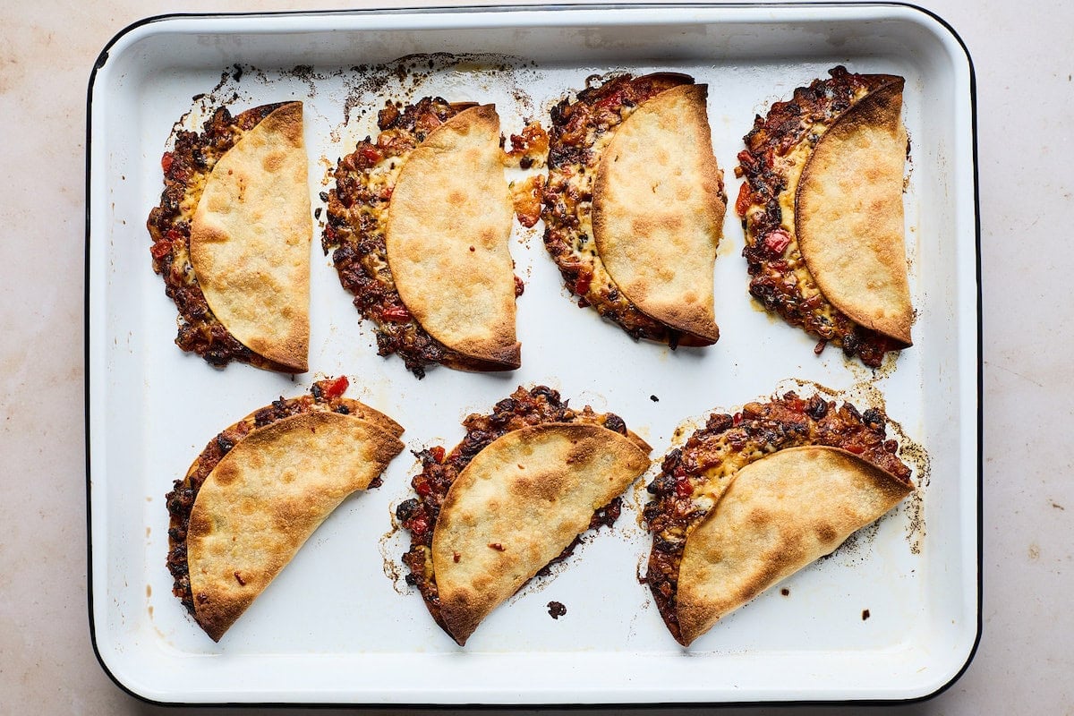 crispy black bean tacos on sheet pan.