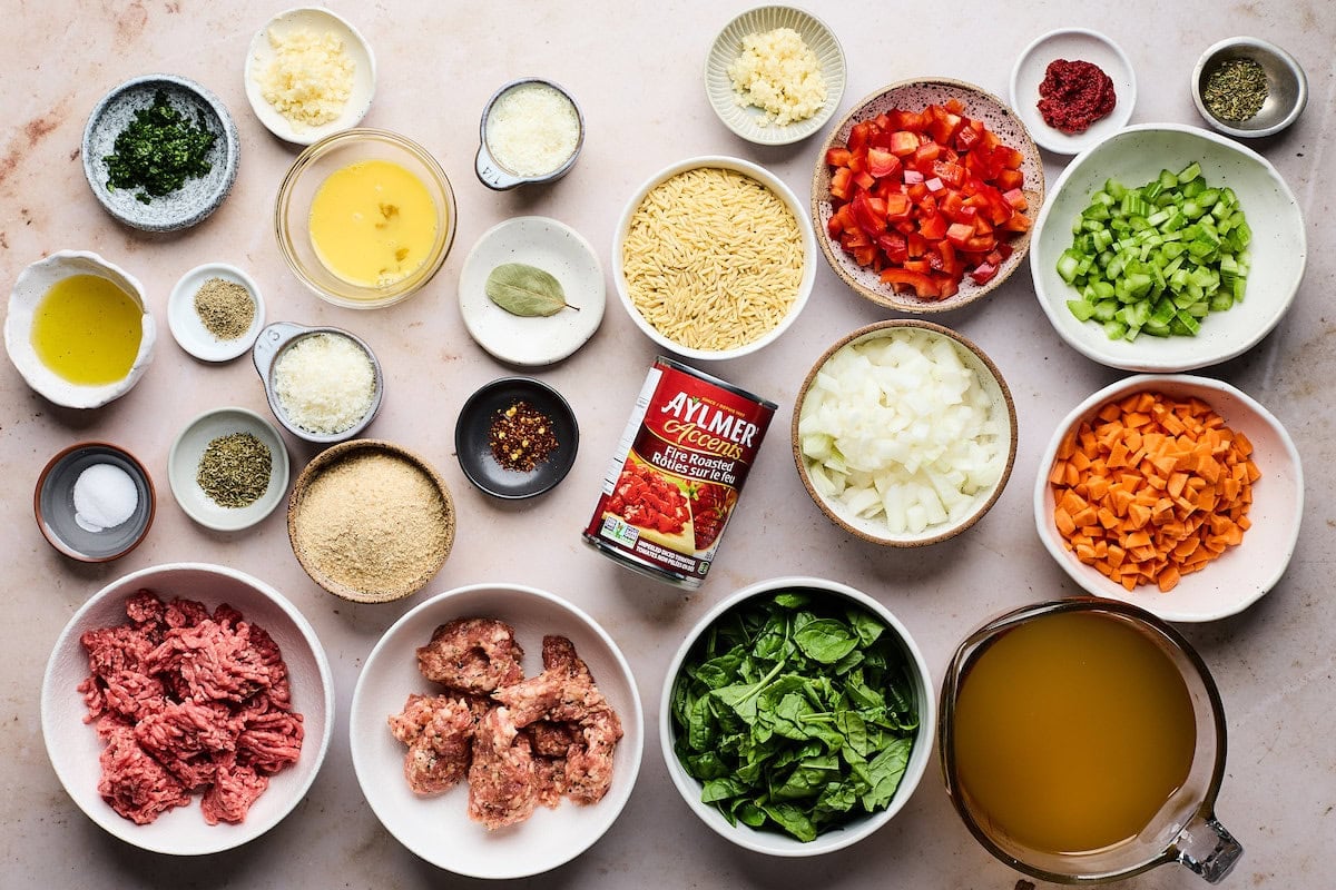 ingredients in bowls to make meatball orzo soup.