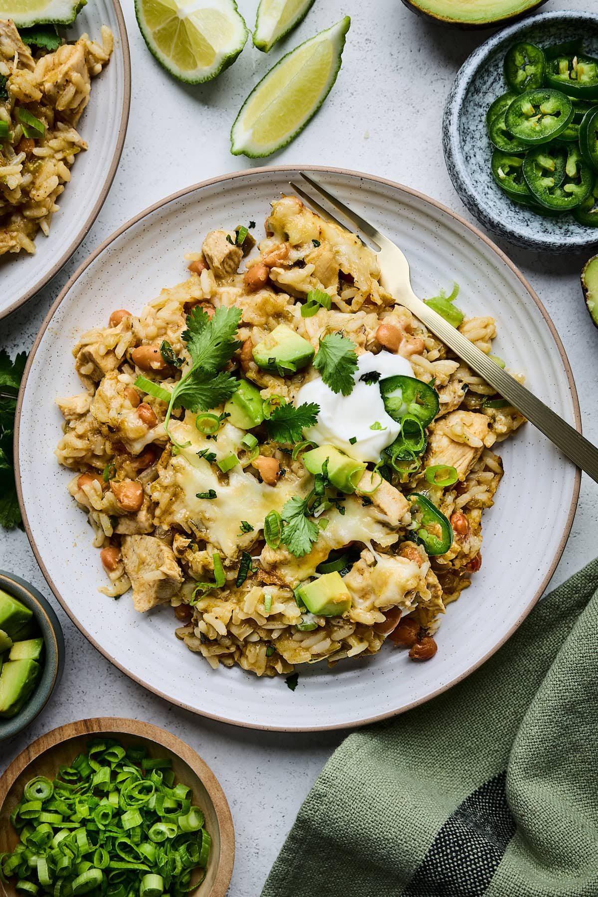salsa verde chicken and rice on plate with avocado, cilantro, green onions, and sour cream toppings with fork.