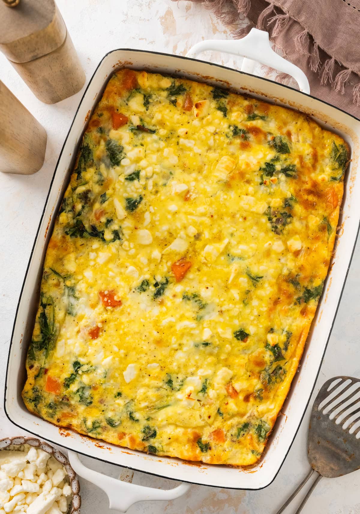 sweet potato kale breakfast casserole in baking dish.